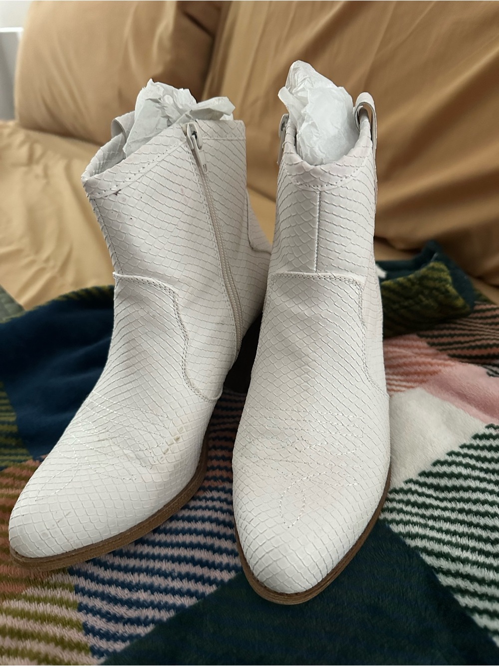 White Textured Ankle Boots - Women's Fashion Booties